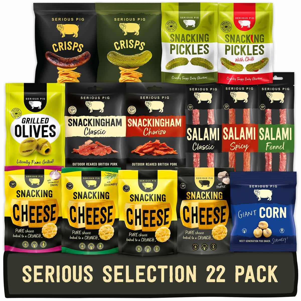 Serious Pig Serious Snack Selection Box with Cheese, Salami, and Pickles (22 Pack)